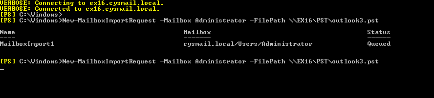 New-MailboxImportRequest -Mailbox “User_Mailbox_Name” -FilePath “UNC_shared_File_Path”
