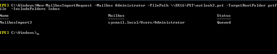 New-MailboxImportRequest -Mailbox “User_Mailbox_Name” -FilePath “UNC_shared_File_Path” -TargetRootFolder “Folder_Name” -IncludeFolders “Inbox Calendar Contact”